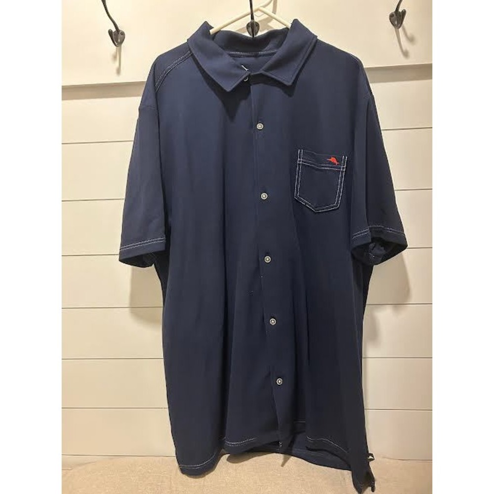 Tommy Bahama Mens XXXLT Navy Blue Supima Cotton Button Up Shirt Marlin Logo